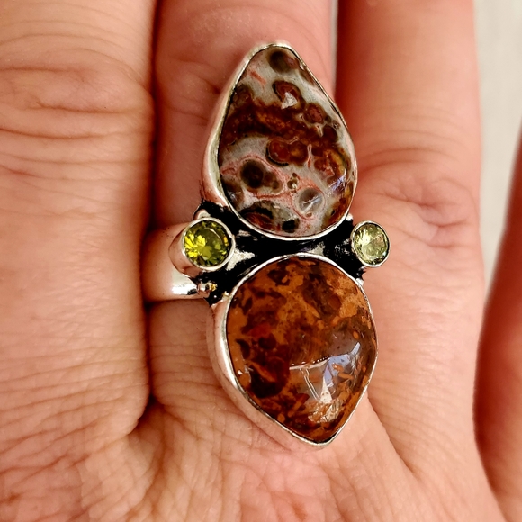 New Leopard Skin Jasper, Fossil Coral, Citrine 925 Silver Statement Ring. - Picture 7 of 8